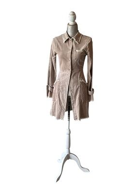 Riley Tan Corduroy Shirt Dress Pearl Snap Western Frayed Trim Size S